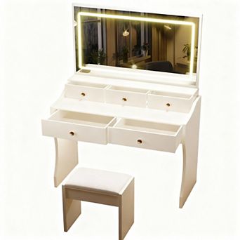 White Makeup Vanity Desk with LED Lights, 5 Drawers, Charging Station