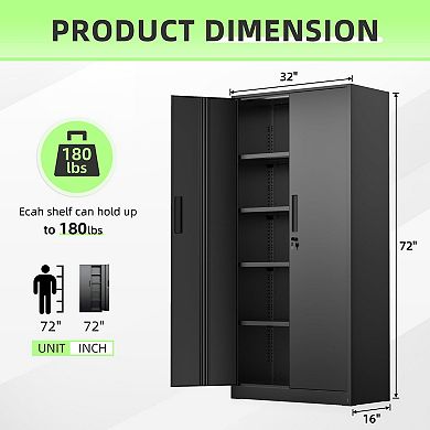 Black Steel Storage Cabinet, 72" Tall, 2 Doors, 4 Shelves, Wall-Mountable, Secure