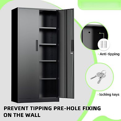 Black Steel Storage Cabinet, 72" Tall, 2 Doors, 4 Shelves, Wall-Mountable, Secure