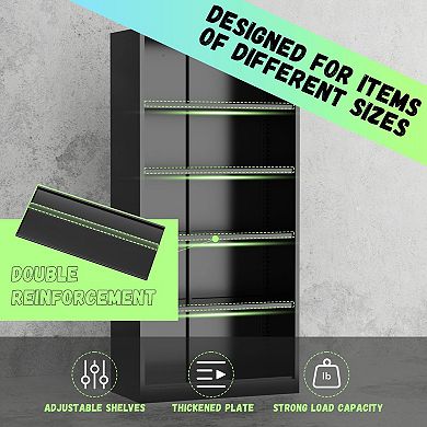 Black Steel Storage Cabinet, 72" Tall, 2 Doors, 4 Shelves, Wall-Mountable, Secure