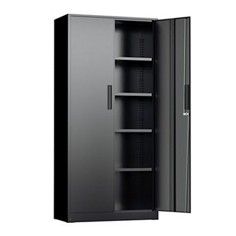 Black Steel Storage Cabinet, 72" Tall, 2 Doors, 4 Shelves, Wall-Mountable, Secure