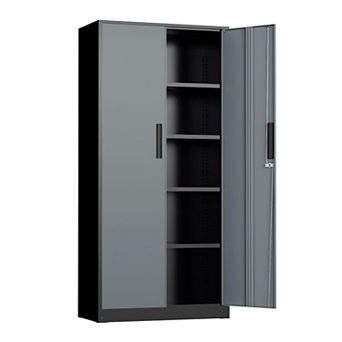 Black Steel Storage Cabinet, 72" Tall, 2 Doors, 4 Shelves, Wall-Mountable, Secure