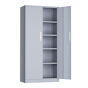 Black Steel Storage Cabinet, 72" Tall, 2 Doors, 4 Shelves, Wall-Mountable, Secure