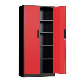 Black Steel Storage Cabinet, 72" Tall, 2 Doors, 4 Shelves, Wall-Mountable, Secure