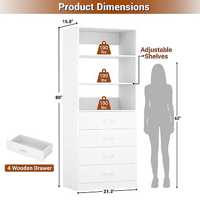Wooden 4-Drawer Closet Organizer with 3 Shelves for Clothes Storage