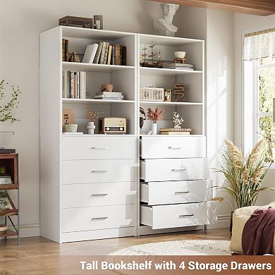 Wooden 4-Drawer Closet Organizer with 3 Shelves for Clothes Storage