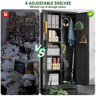 Metal Storage Cabinet with 4 Shelves, 5 Pegboards, 13 Hooks for Home