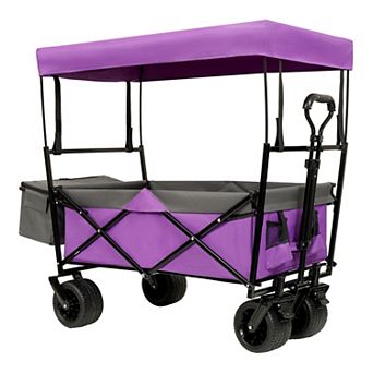 480Lbs Collapsible Wagon with Canopy 7 Wheels Purple with Mosquito Net Camping