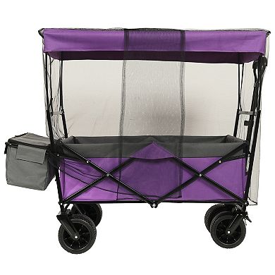 480Lbs Collapsible Wagon with Canopy 7 Wheels Purple with Mosquito Net Camping