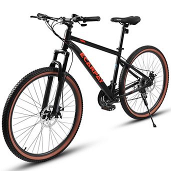 24 Inch Teen Mountain Bike Carbon Steel Frame Disc Brakes Brown Tires