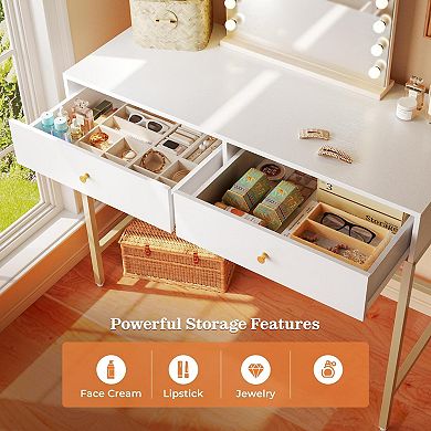 White Gold Vanity Desk with Drawers for Makeup or Office