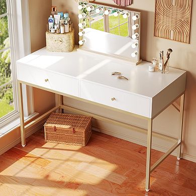 White Gold Vanity Desk with Drawers for Makeup or Office