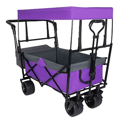 480Lbs Collapsible Wagon with Canopy Push Handle 7 Wheels Purple Camping Shopping