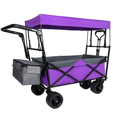 480Lbs Collapsible Wagon with Canopy Push Handle 7 Wheels Purple Camping Shopping