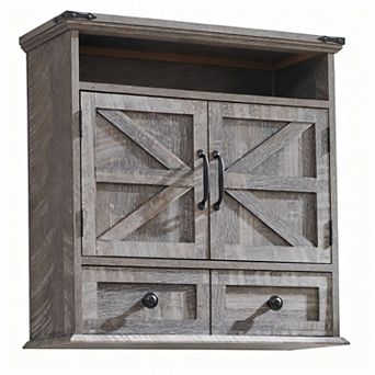 Farmhouse Style 24-Inch Storage Cabinet, Wall Cabinet with Adjustable Shelves and Barn Door, Suitabl