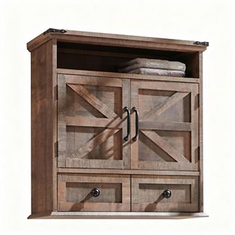 Farmhouse Style 24-Inch Storage Cabinet, Wall Cabinet with Adjustable Shelves and Barn Door, Suitabl