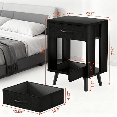 Drawer bedroom side table with fabric storage and wooden shelves, bedside table，Set Of 2