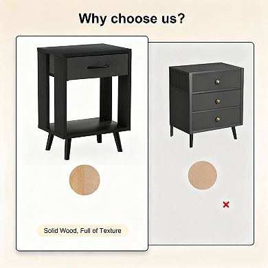 Drawer bedroom side table with fabric storage and wooden shelves, bedside table，Set Of 2