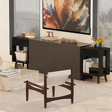 Drawer bedroom side table with fabric storage and wooden shelves, bedside table，Set Of 2