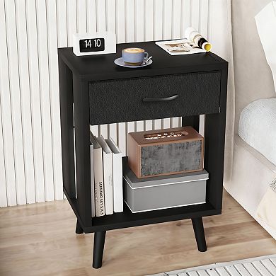 Drawer bedroom side table with fabric storage and wooden shelves, bedside table，Set Of 2