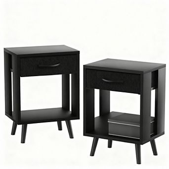 Drawer bedroom side table with fabric storage and wooden shelves, bedside table，Set Of 2