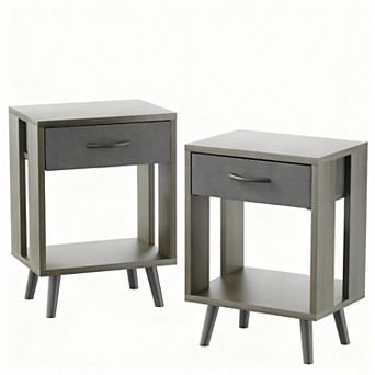 Drawer bedroom side table with fabric storage and wooden shelves, bedside table，Set Of 2
