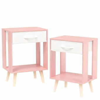 Drawer bedroom side table with fabric storage and wooden shelves, bedside table，Set Of 2