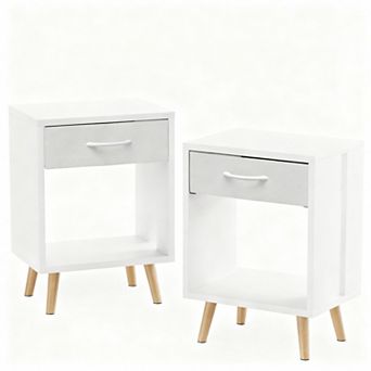 Drawer bedroom side table with fabric storage and wooden shelves, bedside table，Set Of 2