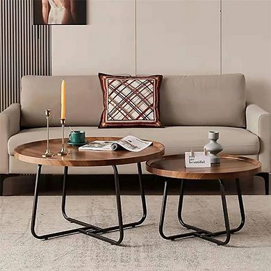 Nesting Coffee Table Set of 2, 20"+28" Fluted Center Table for Living Room, Storage Coffee Table