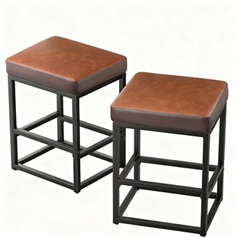 Set Of 2 Counter Height Bar Stools, 24" Seat, Faux Leather, Square Seat, Sturdy Metal Base