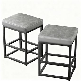 Set Of 2 Counter Height Bar Stools, 24" Seat, Faux Leather, Square Seat, Sturdy Metal Base