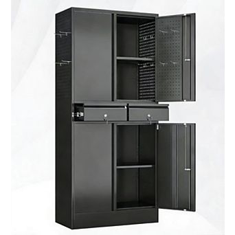 Metal Storage Cabinet with 2 Drawers, Pegboard, & Adjustable Shelves - 71" H, Black
