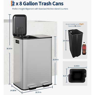 16Gal Dual Compartment Stainless Steel Kitchen Step-On Trash Can Garbage Recycling Bin Soft-Close