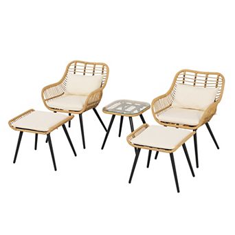 SUNSITT 5 pc Outdoor Wicker Conversation Chair Sets W/Coffee Table Ottomans, White