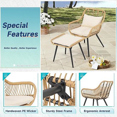 SUNSITT 5 Pieces Outdoor Wicker Conversation Chair Sets W/Coffee Table Ottomans, White