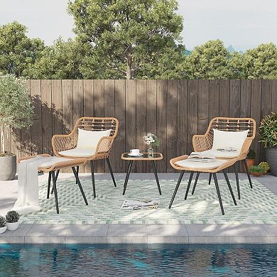 SUNSITT 5 Pieces Outdoor Wicker Conversation Chair Sets W/Coffee Table Ottomans, White