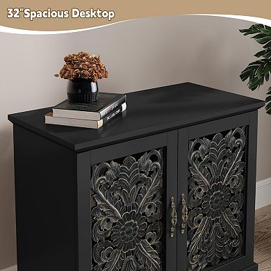 Handcrafted Vintage Carved Wood Accent Cabinet for Living Room, Kitchen, Entryway