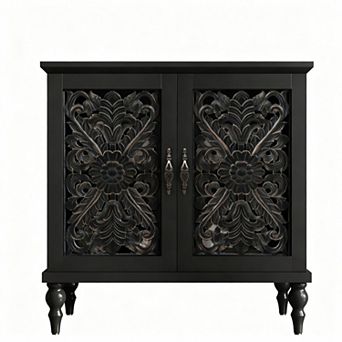 Handcrafted Vintage Carved Wood Accent Cabinet for Living Room, Kitchen, Entryway