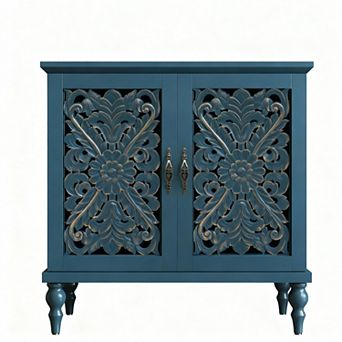 Handcrafted Vintage Carved Wood Accent Cabinet for Living Room, Kitchen, Entryway