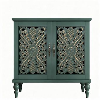 Handcrafted Vintage Carved Wood Accent Cabinet for Living Room, Kitchen, Entryway