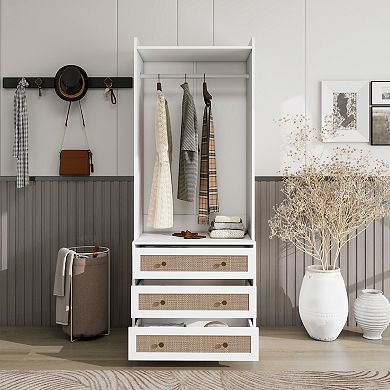 Wardrobe with 3 Drawers High Wardrobe Armoire With Rattan For Living Room