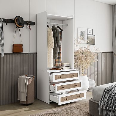 Wardrobe with 3 Drawers High Wardrobe Armoire With Rattan For Living Room