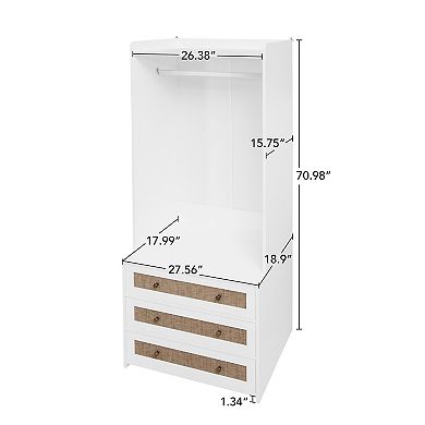 Wardrobe with 3 Drawers High Wardrobe Armoire With Rattan For Living Room