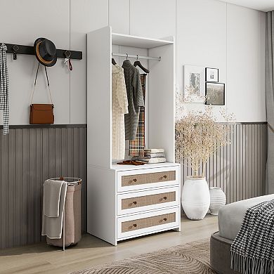 Wardrobe with 3 Drawers High Wardrobe Armoire With Rattan For Living Room