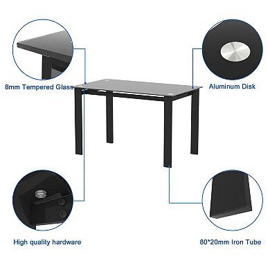 Modern Tempered Glass Black Dining Table Rectangular Metal Legs Kitchen Living Room