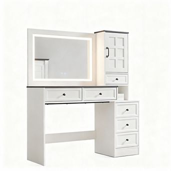 Farmhouse 47" LED Makeup Vanity with 6 Drawers, Charging Station