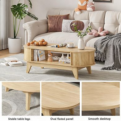 Mid-Century Modern Fluted Coffee Table with 2 Storage Spaces