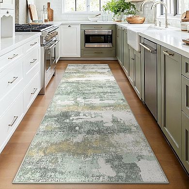 Great Ambitions Machine Washable Runner Rug, Abstract Low Pile, Non-Slip Backing