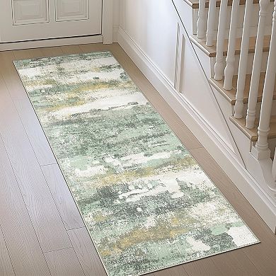 Great Ambitions Machine Washable Runner Rug, Abstract Low Pile, Non-Slip Backing