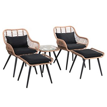 SUNSITT 5 pc Outdoor Wicker Conversation Chair Sets W/Coffee Table Ottomans, Black